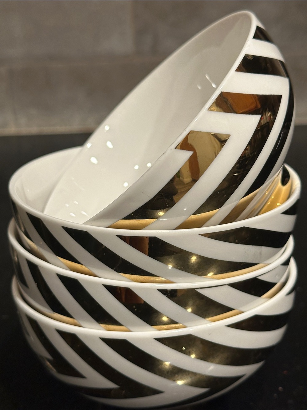 Set of 4 Nicole Miller Home White & Glossy Gold Chevron Striped Porcelain Bowls